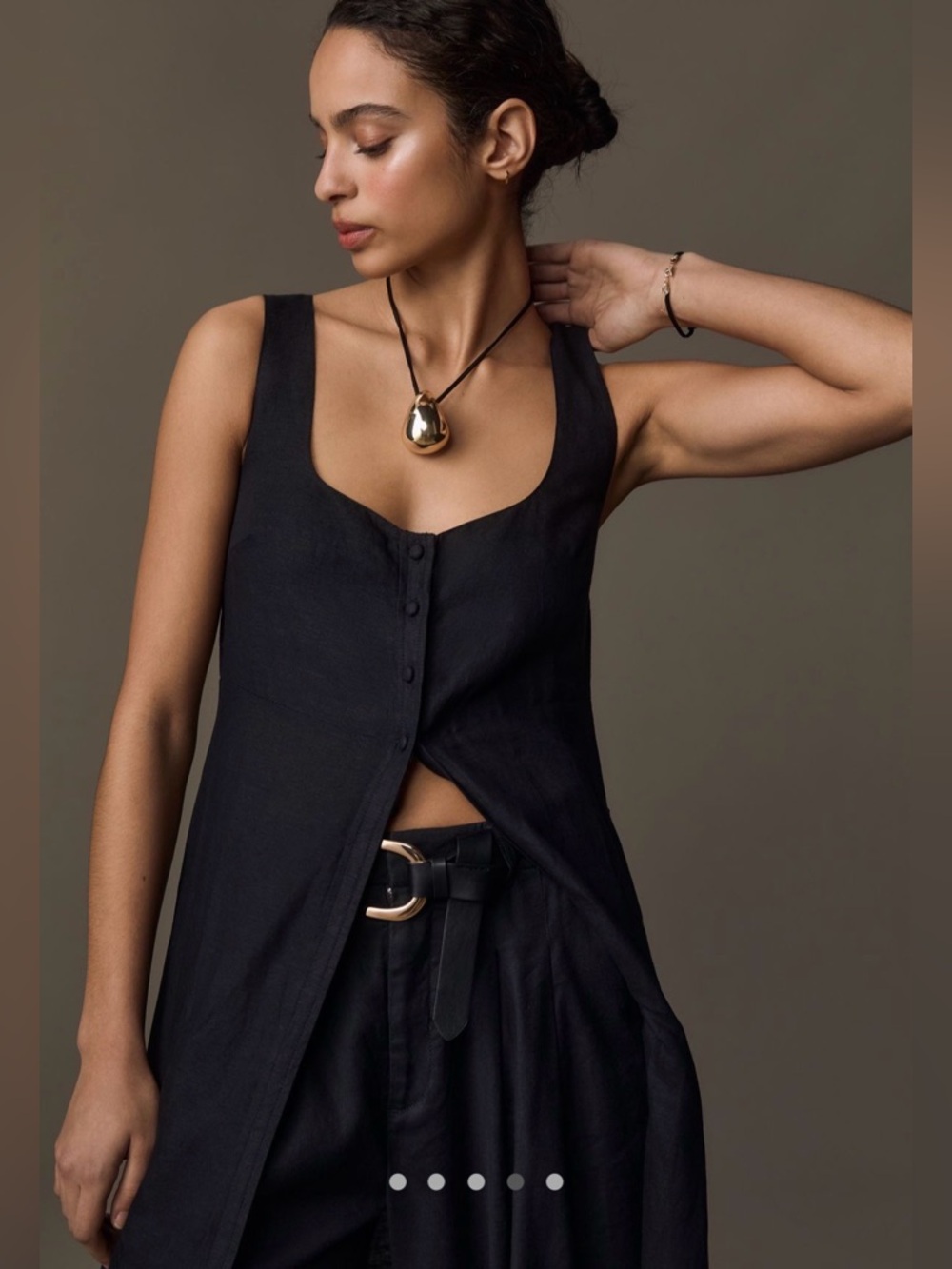 Anthropologie Black Sleeveless Flyaway Linen Button-Front Tunic Vest L Large